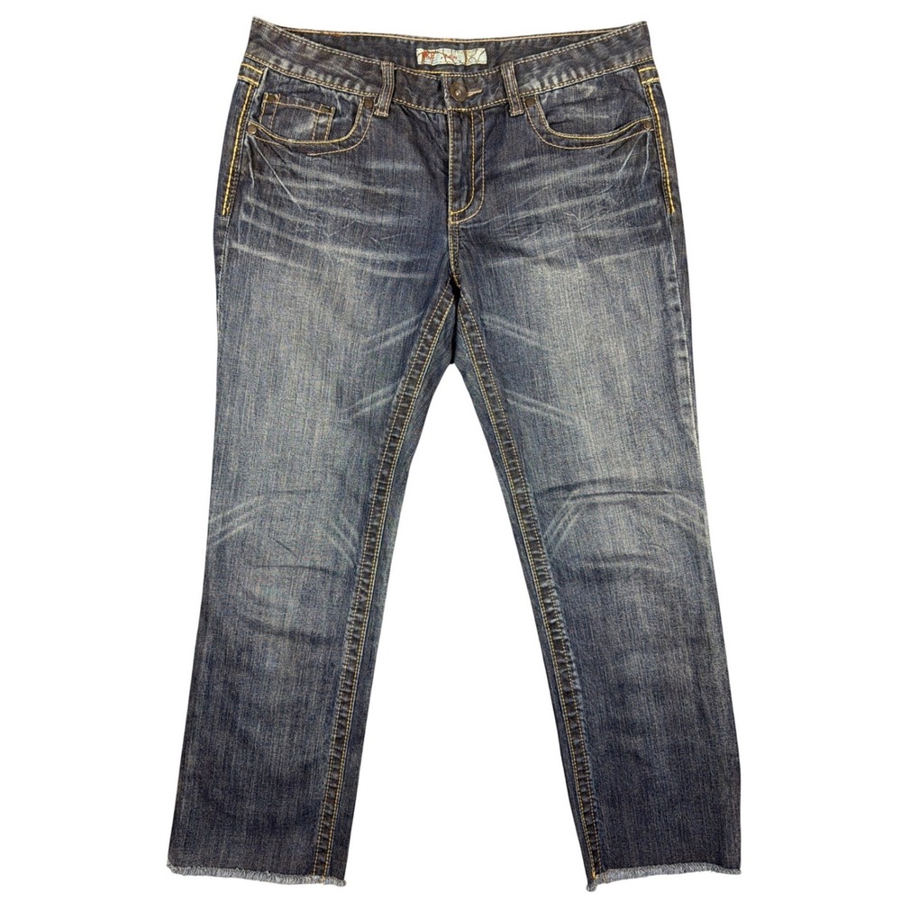 BKE Lexi Straight Leg Jeans Women 30 Blue Medium Wash Embroidered Studded Frayed